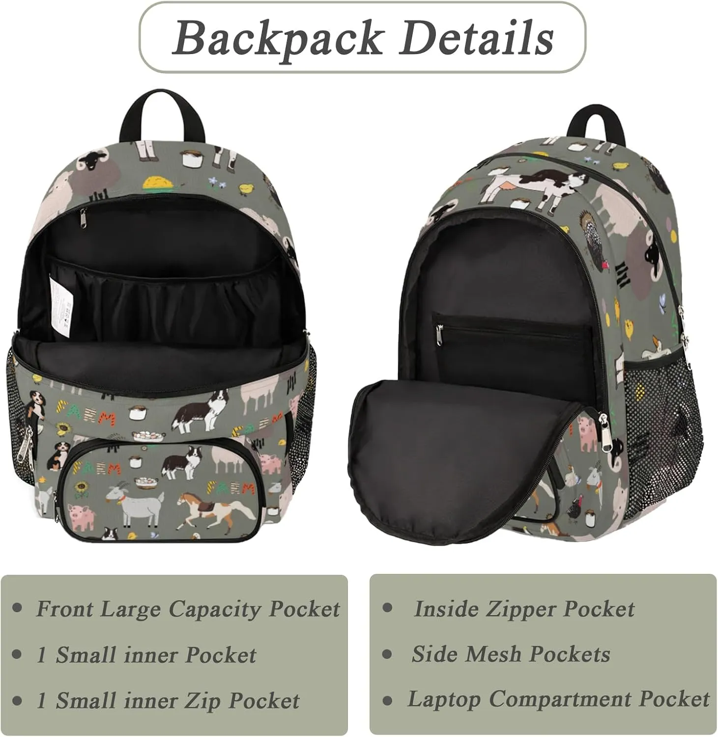 School Backpack for Girls Boys- Waterproof College School Bag Bookbag Daypack Travel Backpack for Woman Man,Cute Farm Animal