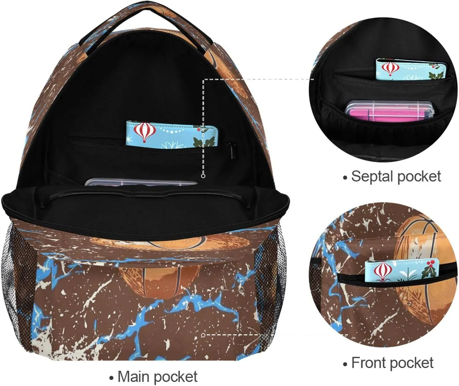 School Backpack for Men and Women Waterproof Outdoor Backpack with Chest Strap for College Work Basketball with Blue Lightning Brown