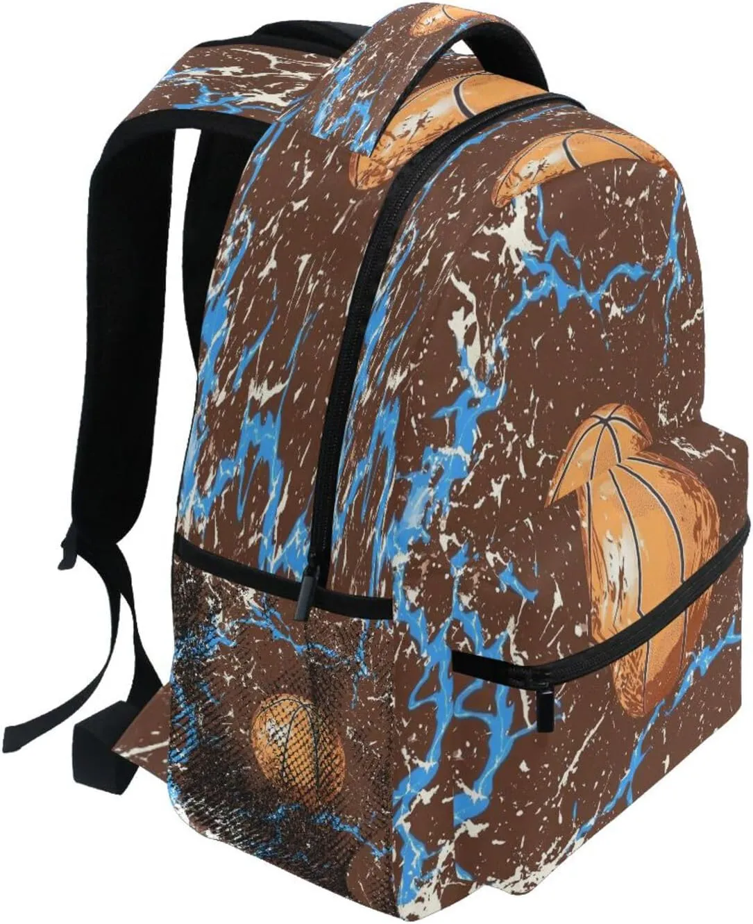 School Backpack for Men and Women Waterproof Outdoor Backpack with Chest Strap for College Work Basketball with Blue Lightning Brown