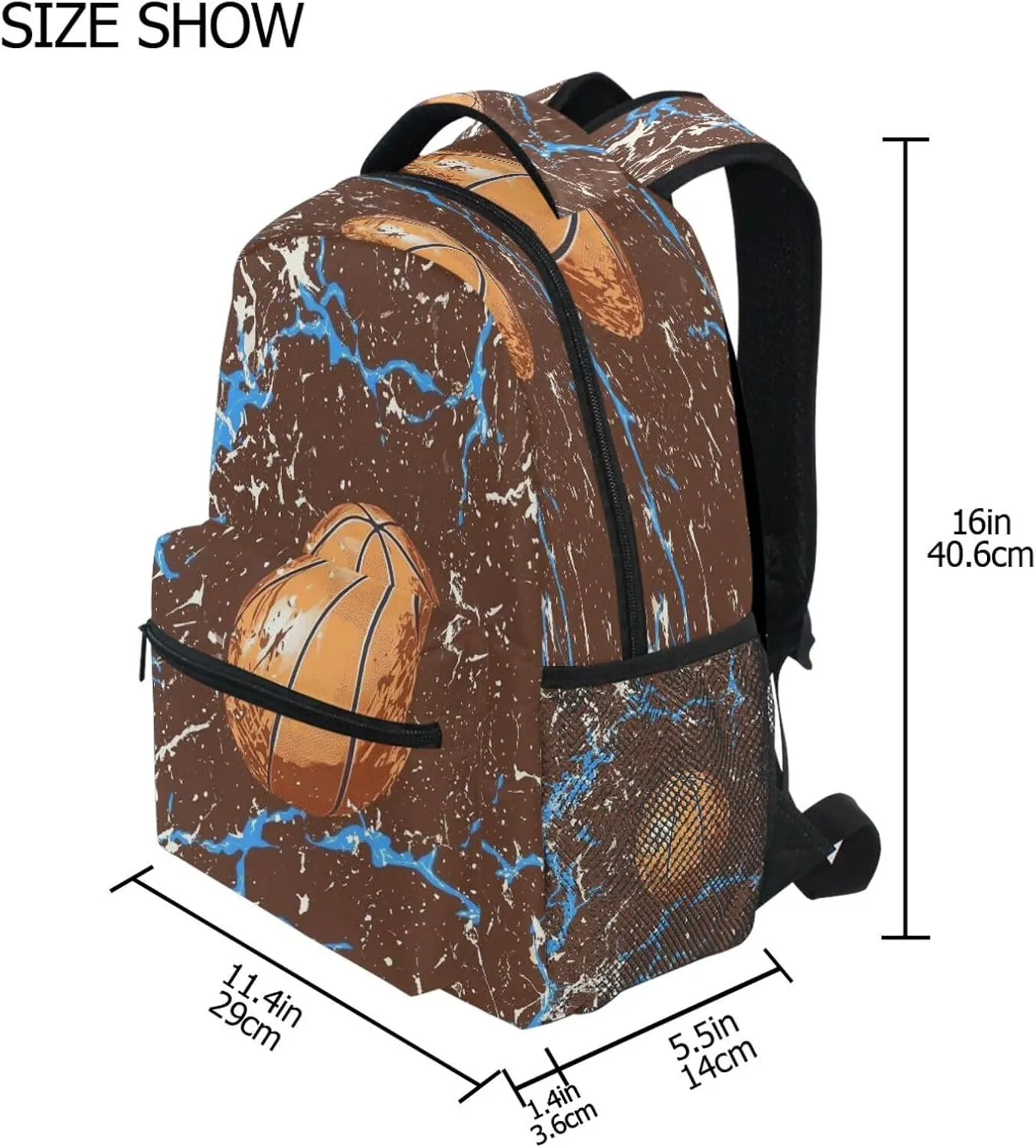 School Backpack for Men and Women Waterproof Outdoor Backpack with Chest Strap for College Work Basketball with Blue Lightning Brown