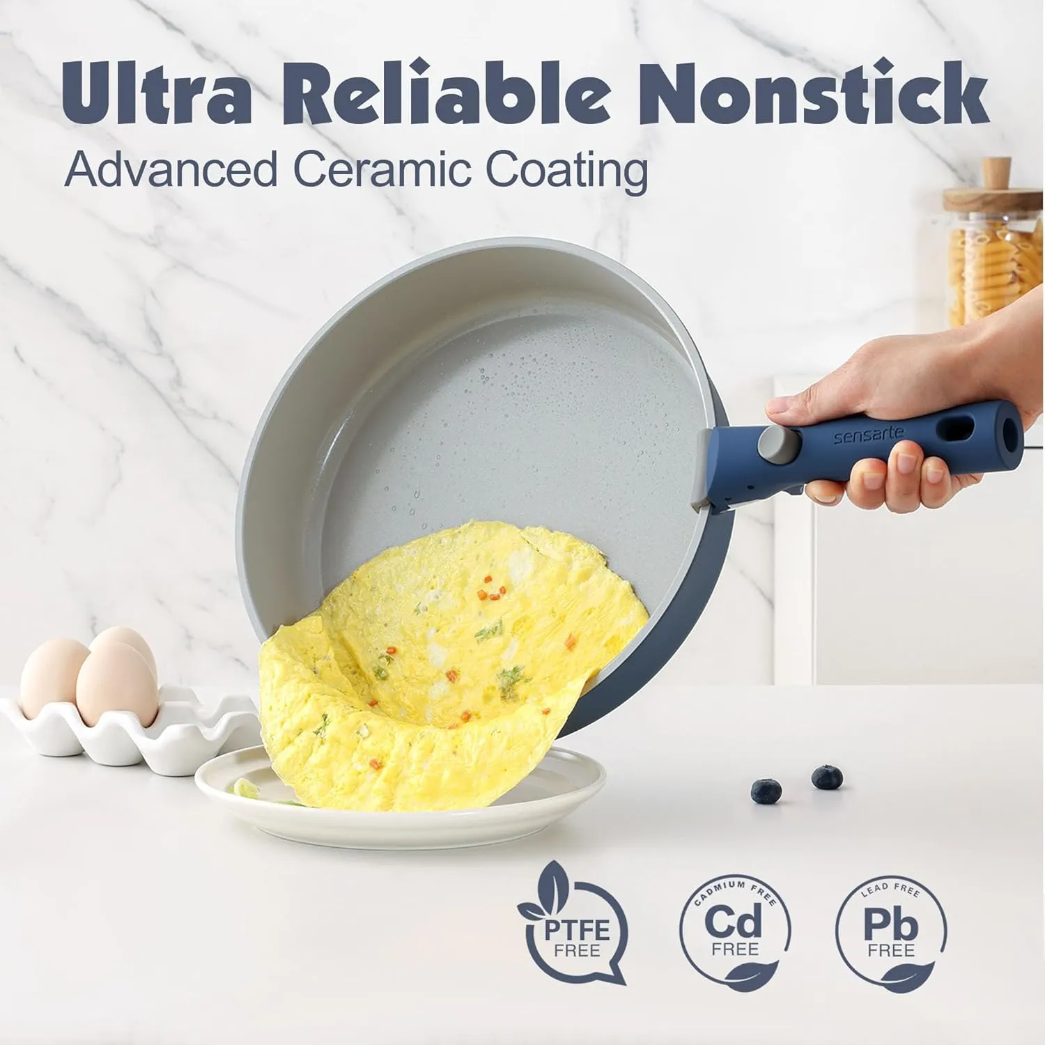 SENSARTE 17 Piece Ceramic Pots and Pans Set, Nonstick Detachable Handle Cookware, Induction Kitchen Cookware Set with Removable Handle, Dishwasher ＆ Oven Safe, PFAS/PTFE/PFOA Free (Navy)