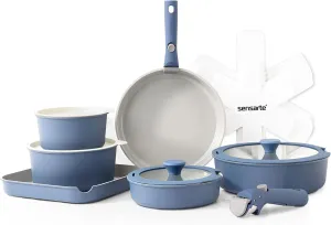 SENSARTE 17 Piece Ceramic Pots and Pans Set, Nonstick Detachable Handle Cookware, Induction Kitchen Cookware Set with Removable Handle, Dishwasher ＆ Oven Safe, PFAS/PTFE/PFOA Free (Navy)