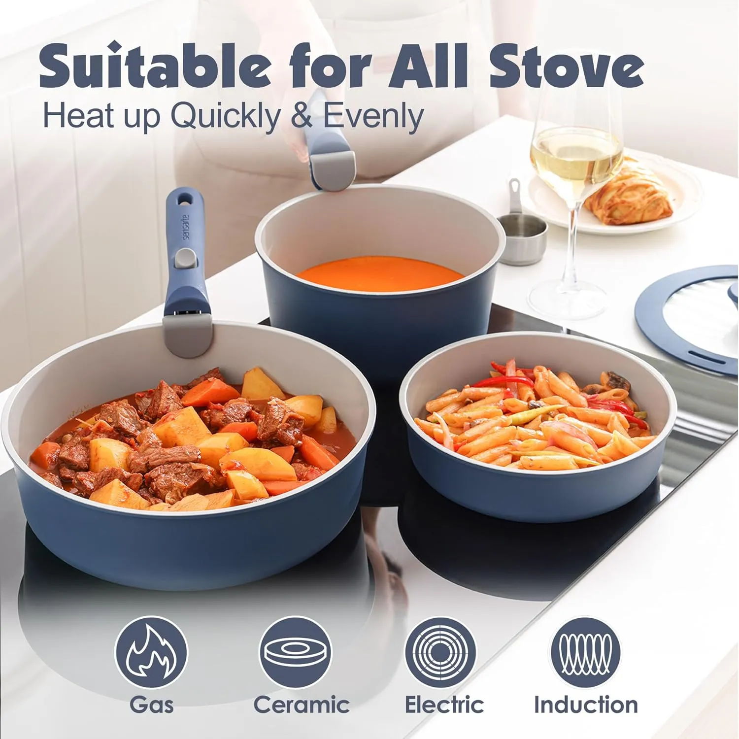 SENSARTE 17 Piece Ceramic Pots and Pans Set, Nonstick Detachable Handle Cookware, Induction Kitchen Cookware Set with Removable Handle, Dishwasher ＆ Oven Safe, PFAS/PTFE/PFOA Free (Navy)