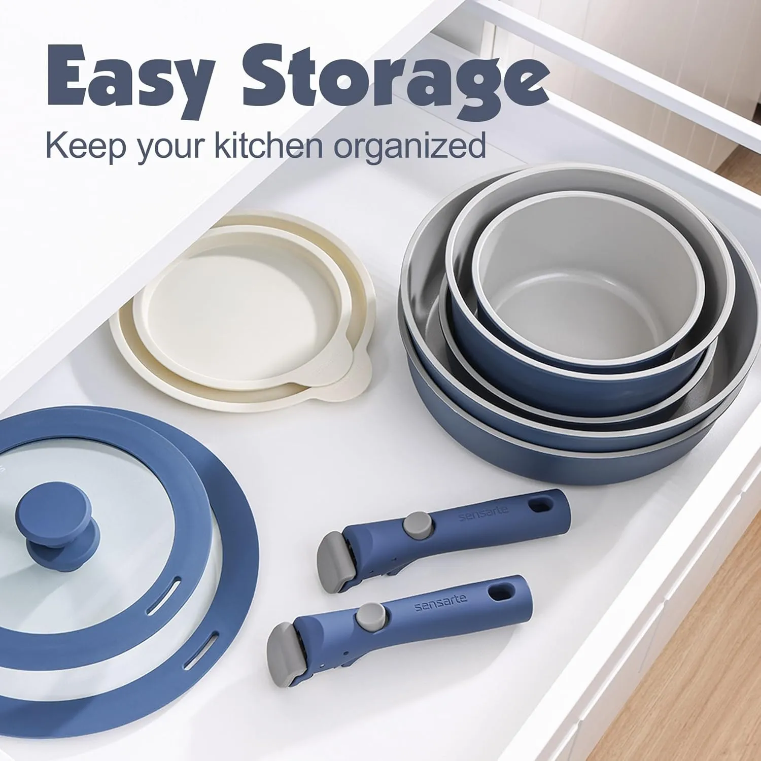 SENSARTE 17 Piece Ceramic Pots and Pans Set, Nonstick Detachable Handle Cookware, Induction Kitchen Cookware Set with Removable Handle, Dishwasher ＆ Oven Safe, PFAS/PTFE/PFOA Free (Navy)