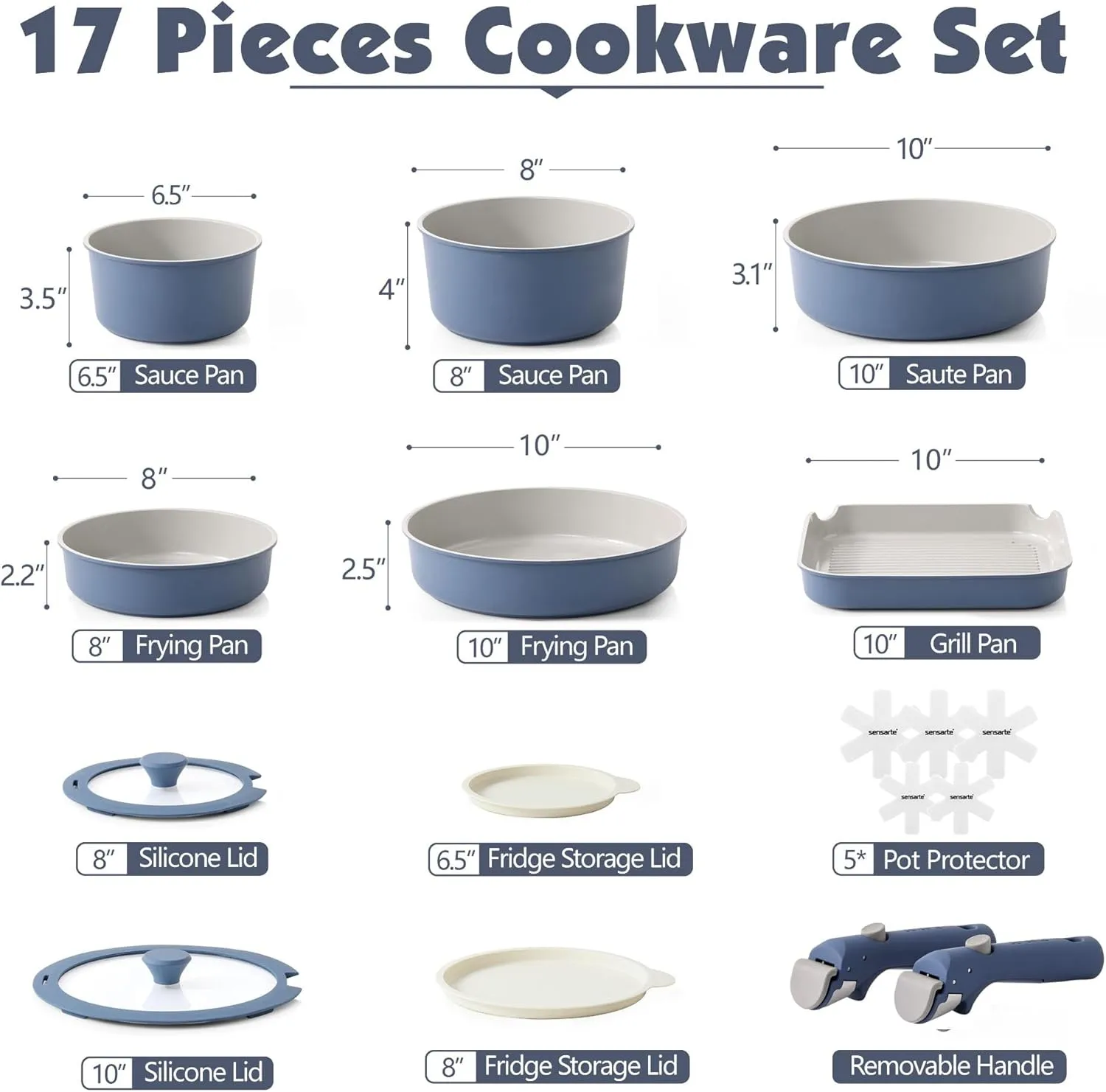 SENSARTE 17 Piece Ceramic Pots and Pans Set, Nonstick Detachable Handle Cookware, Induction Kitchen Cookware Set with Removable Handle, Dishwasher ＆ Oven Safe, PFAS/PTFE/PFOA Free (Navy)