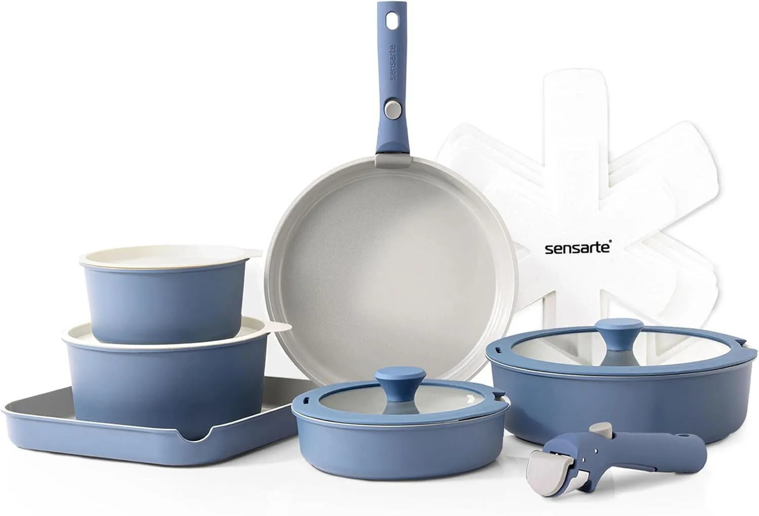 SENSARTE 17 Piece Ceramic Pots and Pans Set, Nonstick Detachable Handle Cookware, Induction Kitchen Cookware Set with Removable Handle, Dishwasher ＆ Oven Safe, PFAS/PTFE/PFOA Free (Navy)