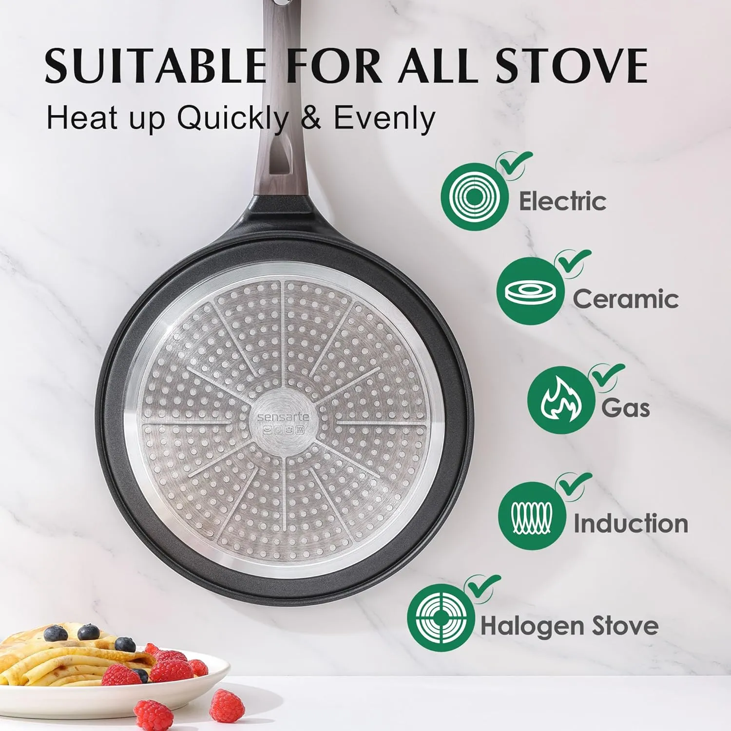 SENSARTE Nonstick Crepe Pan, Swiss Granite Coating Dosa Pan Pancake Flat Skillet Tawa Griddle 12-Inch with Stay-Cool Handle, Induction Compatible, PFOA Free (Black)