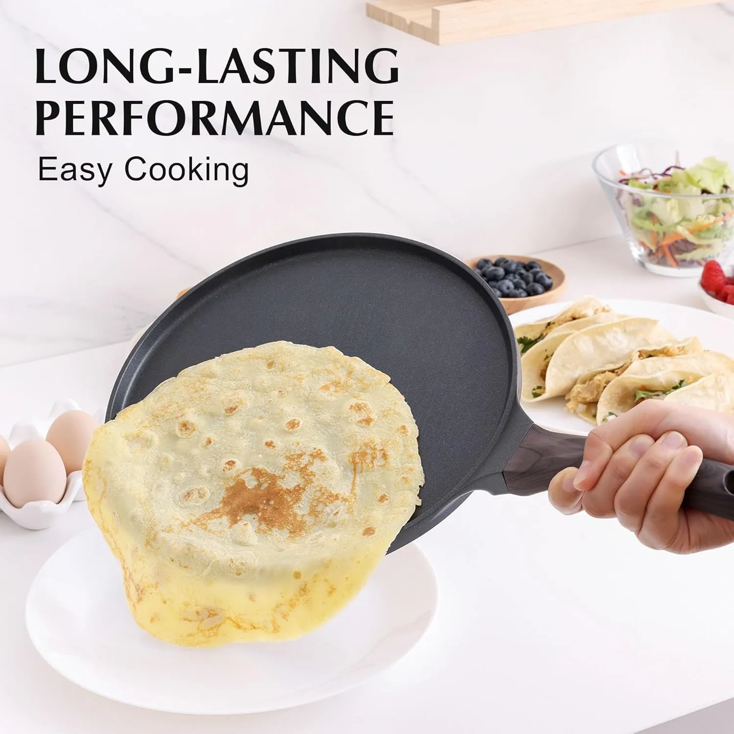 SENSARTE Nonstick Crepe Pan, Swiss Granite Coating Dosa Pan Pancake Flat Skillet Tawa Griddle 12-Inch with Stay-Cool Handle, Induction Compatible, PFOA Free (Black)