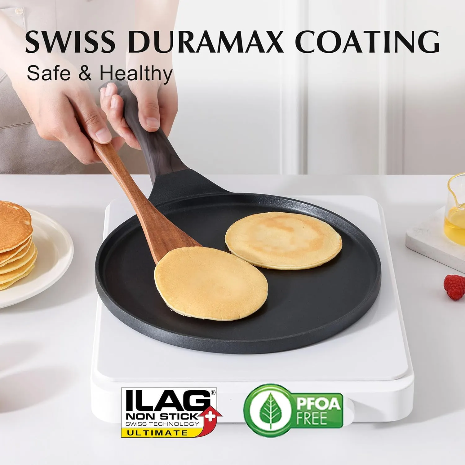 SENSARTE Nonstick Crepe Pan, Swiss Granite Coating Dosa Pan Pancake Flat Skillet Tawa Griddle 12-Inch with Stay-Cool Handle, Induction Compatible, PFOA Free (Black)