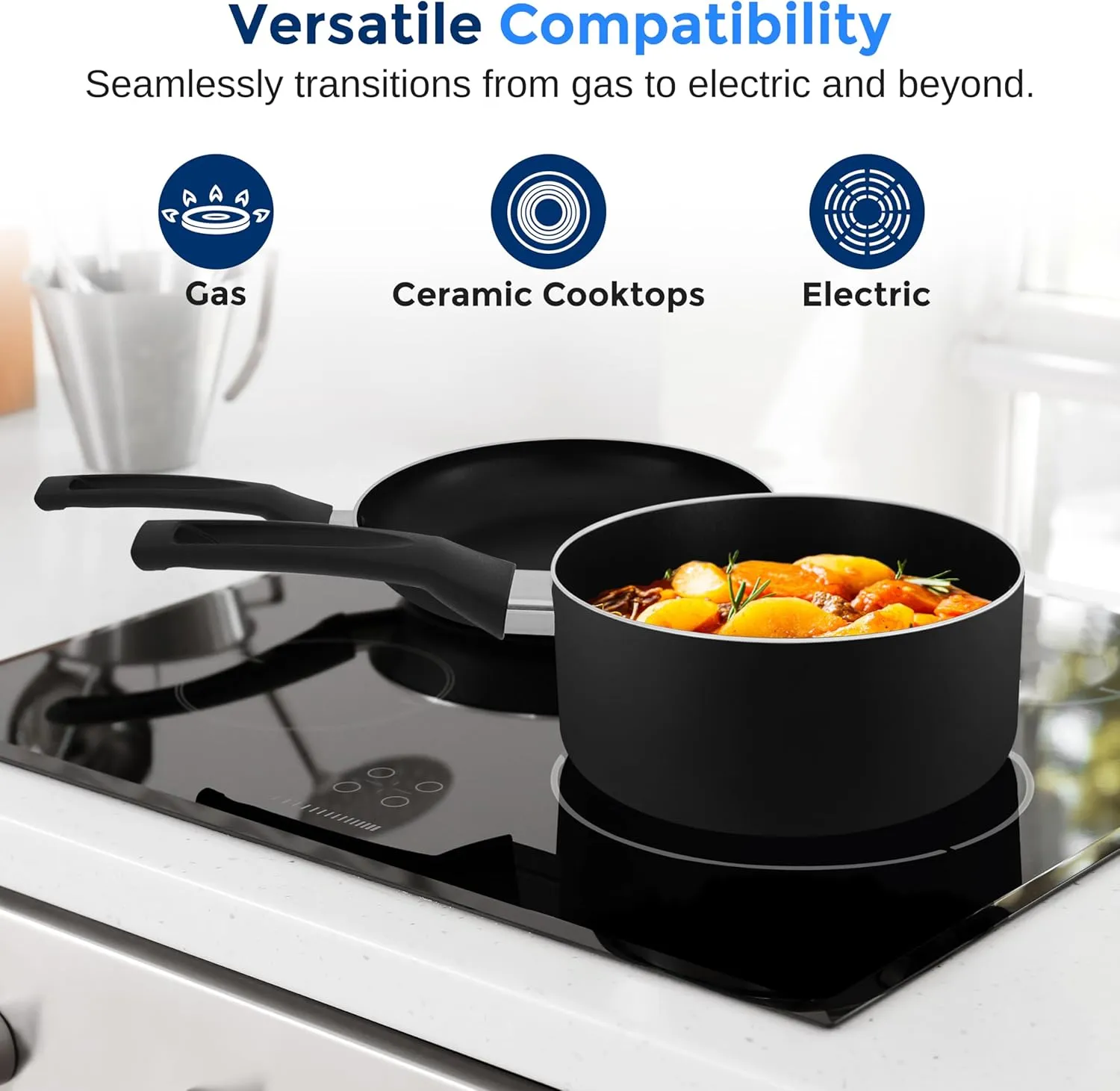 SereneLife Kitchenware Pots & Pans Basic Kitchen Cookware, Black Non-Stick Coating Inside, Heat Resistant Lacquer (11-Piece Set), One Size, Black