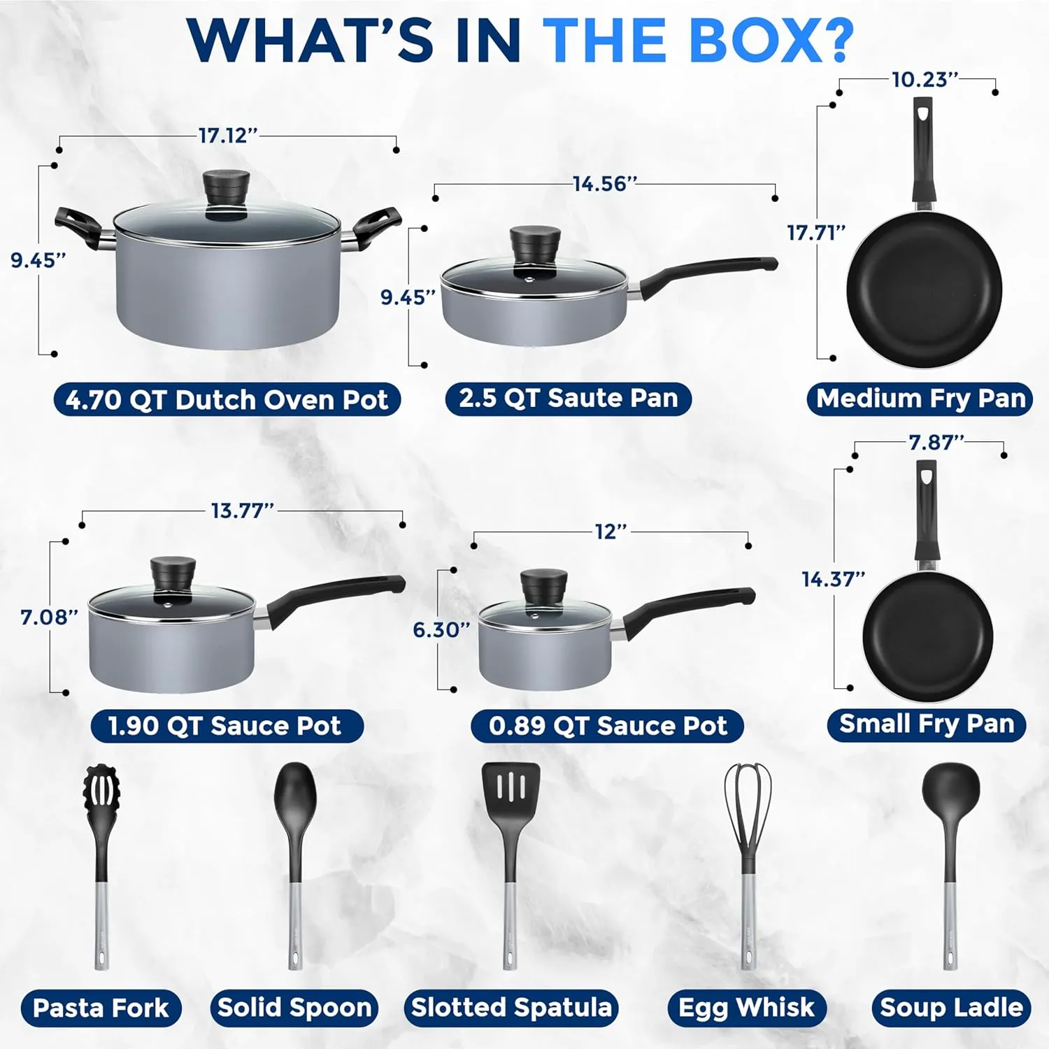 SereneLife Kitchenware Pots & Pans Basic Kitchen Cookware, Black Non-Stick Coating Inside, Heat Resistant Lacquer (15-Piece Set), One Size, Gray