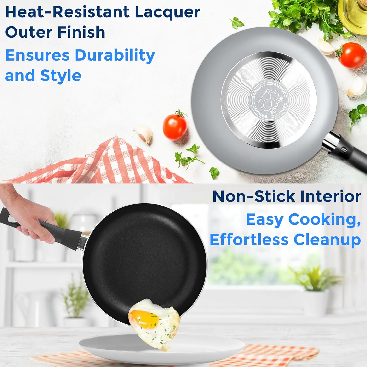 SereneLife Kitchenware Pots & Pans Basic Kitchen Cookware, Black Non-Stick Coating Inside, Heat Resistant Lacquer (15-Piece Set), One Size, Gray