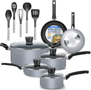 SereneLife Kitchenware Pots & Pans Basic Kitchen Cookware, Black Non-Stick Coating Inside, Heat Resistant Lacquer (15-Piece Set), One Size, Gray