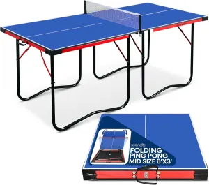 SereneLife Midsize Portable Ping Pong Table Set with Net, Clipper, Post - 6’ x 3’ Foldable Space-Saving Design, Blue