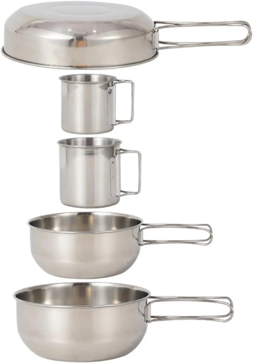 Set of 5 Stainless Steel Camping Cookware Pot Bowl Cup Tableware for Outdoor Activities