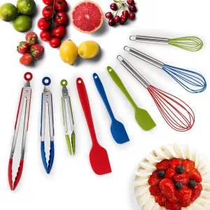 Set of 9: 3 Heavy Duty, Non-Stick, Silicone Tongs (12, 9, 7 inches) Plus 3 Silicone Coated Wire Whisks (11,10,8 inches) and 3 Silicone Spatulas (11,8,8 inches) (Multicolor)