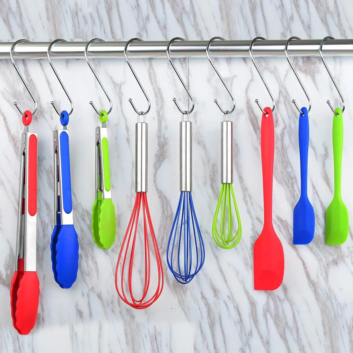 Set of 9: 3 Heavy Duty, Non-Stick, Silicone Tongs (12, 9, 7 inches) Plus 3 Silicone Coated Wire Whisks (11,10,8 inches) and 3 Silicone Spatulas (11,8,8 inches) (Multicolor)