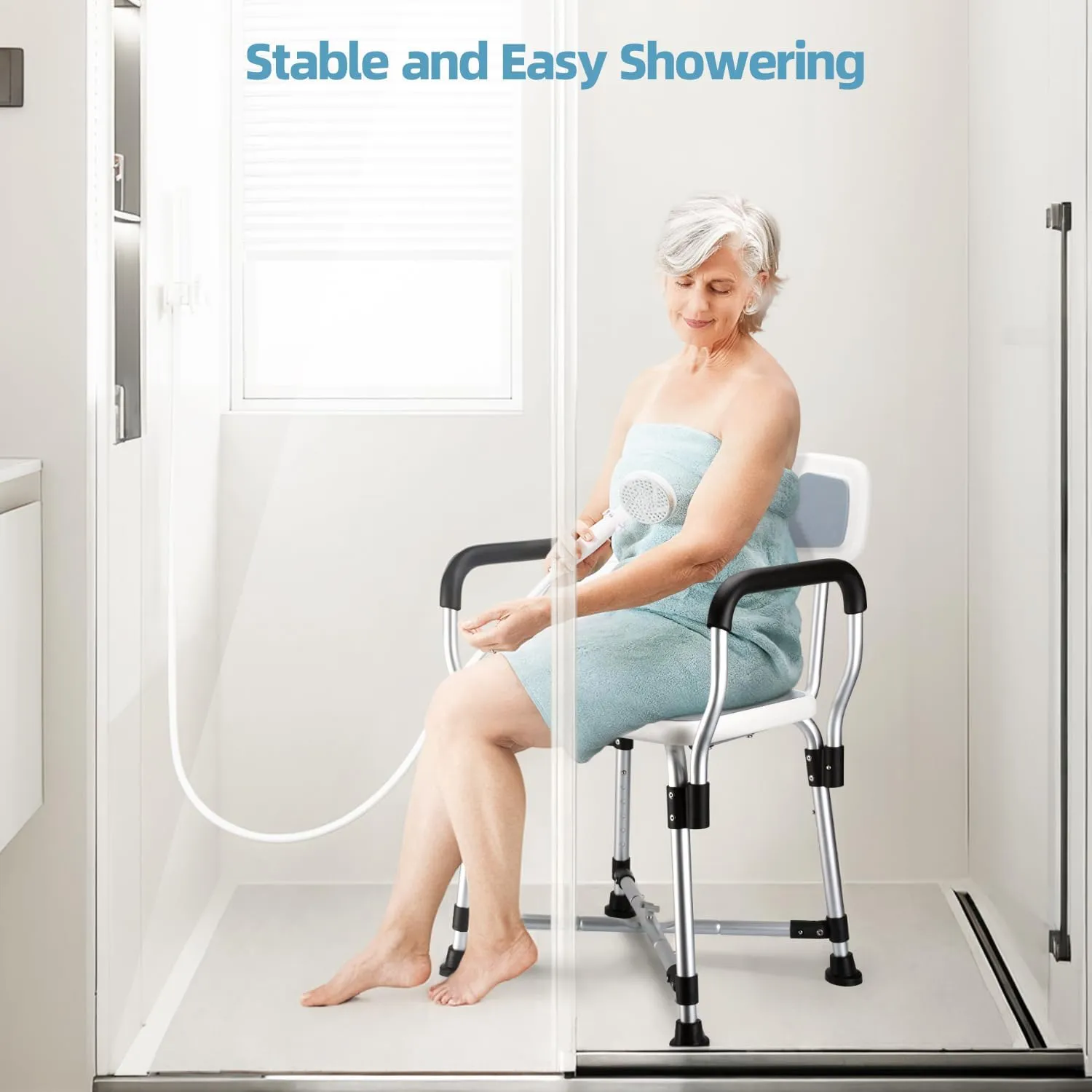 Shower Chair with Arms & Backrest - Heavy-Duty 500-lb Capacity Bath Seat, Adjustable 6 Height Settings 17"-22", Non-Slip Padded Stool for Seniors, Disabled Users in Bathtubs & Walk-in Showers