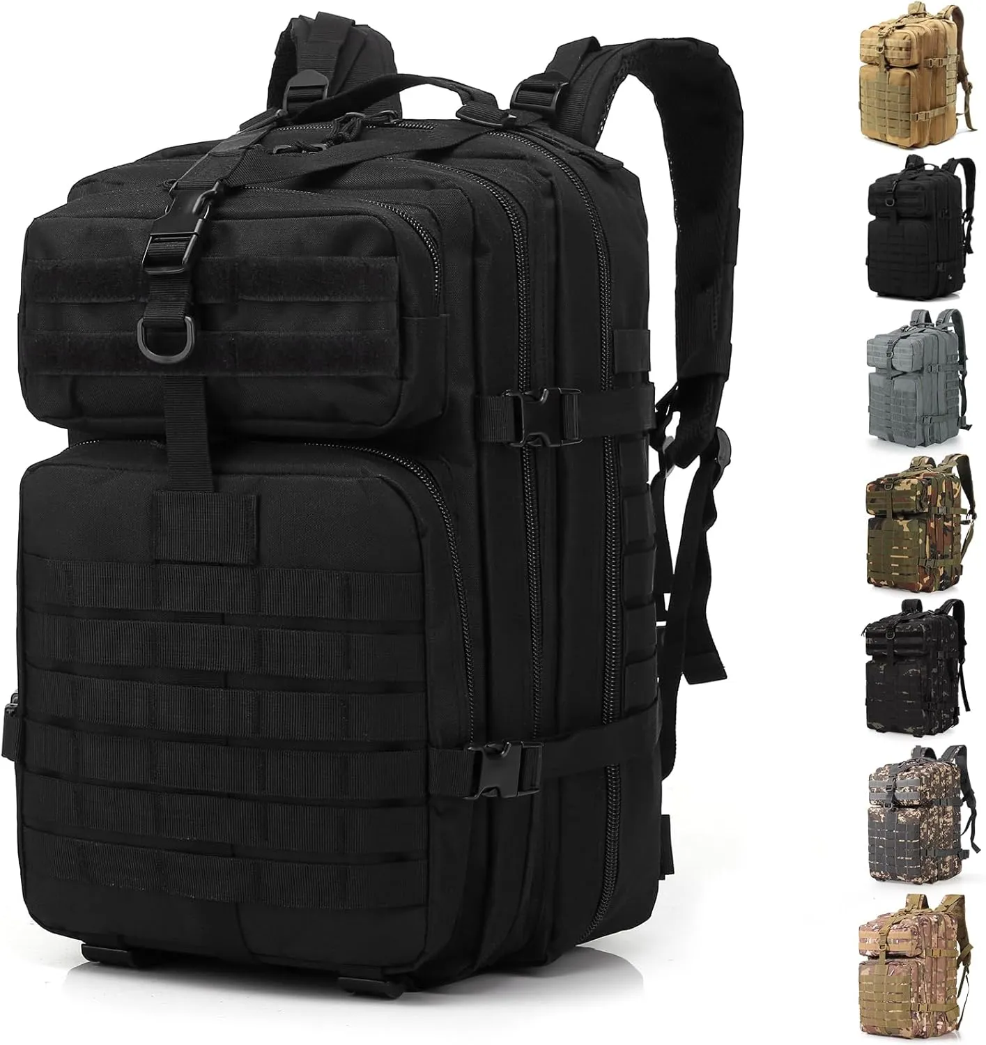 ShowyLive 3P Tactical Backpack Military Rucksack - 45L Large Hiking Backpack Waterproof, Durable Camping Backpack for Men Women, Travel Outdoor Sports Bug Out Bag (Black)