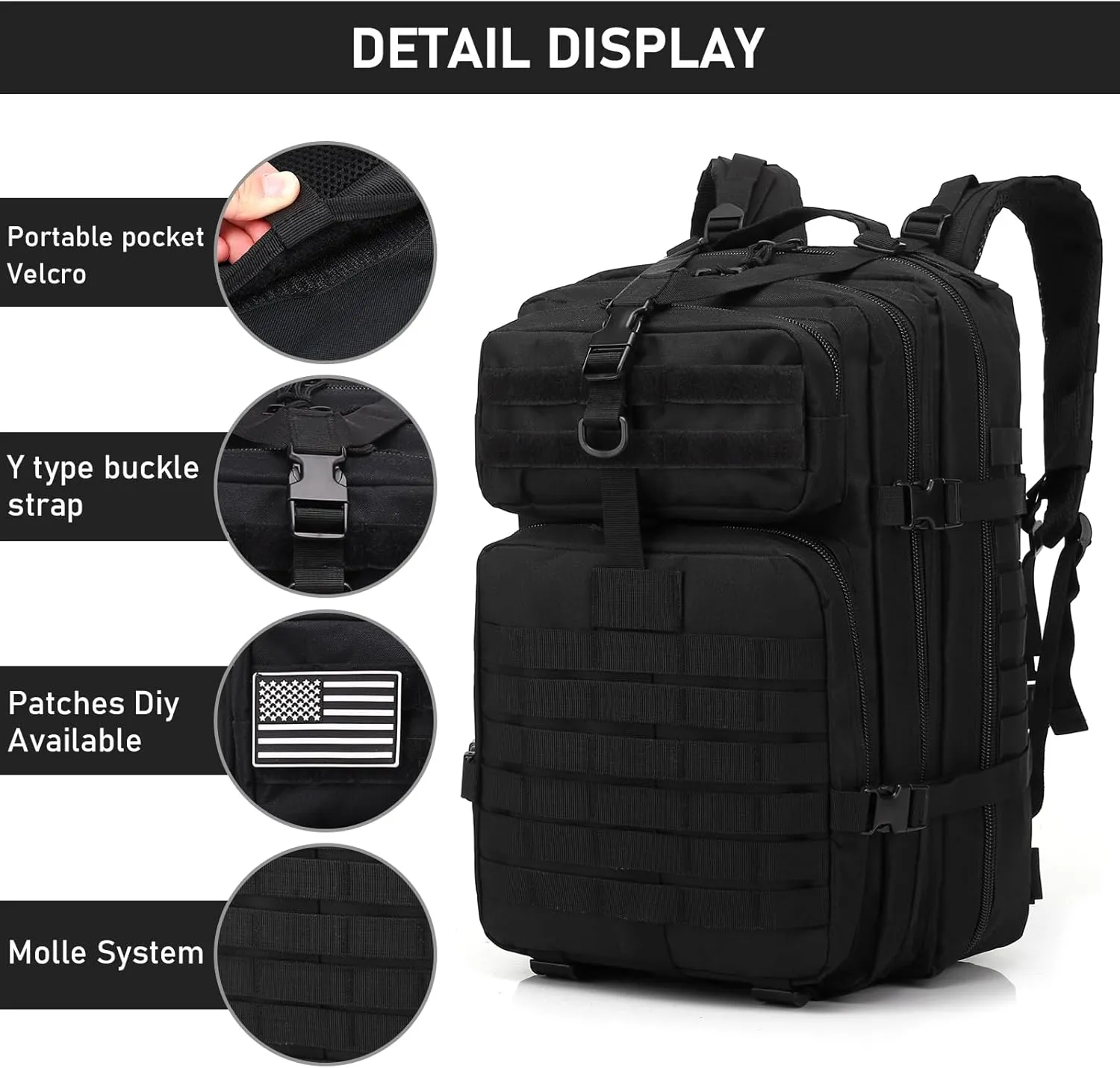 ShowyLive 3P Tactical Backpack Military Rucksack - 45L Large Hiking Backpack Waterproof, Durable Camping Backpack for Men Women, Travel Outdoor Sports Bug Out Bag (Black)