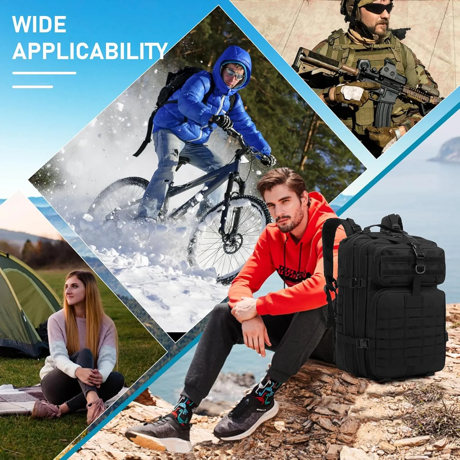 ShowyLive 3P Tactical Backpack Military Rucksack - 45L Large Hiking Backpack Waterproof, Durable Camping Backpack for Men Women, Travel Outdoor Sports Bug Out Bag (Black)