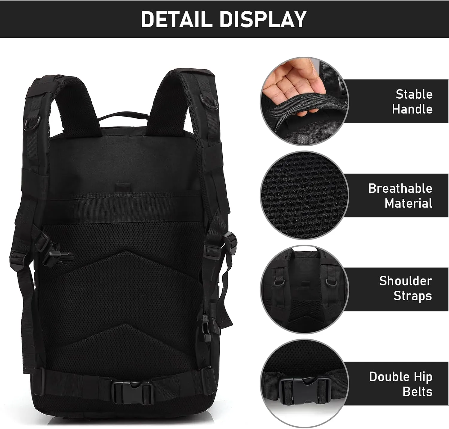 ShowyLive 3P Tactical Backpack Military Rucksack - 45L Large Hiking Backpack Waterproof, Durable Camping Backpack for Men Women, Travel Outdoor Sports Bug Out Bag (Black)