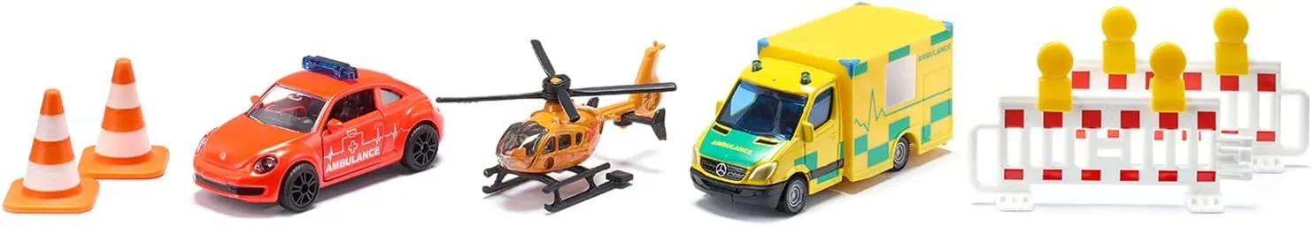 SIKU 6332, Rescue Gift Set, VW Beetle Emergency Ambulance, Mercedes Ambulance, Helicopter, Toy Set, Plastic/Metal, Multicolour, Incl. 2 Beacons and 2 Pylons