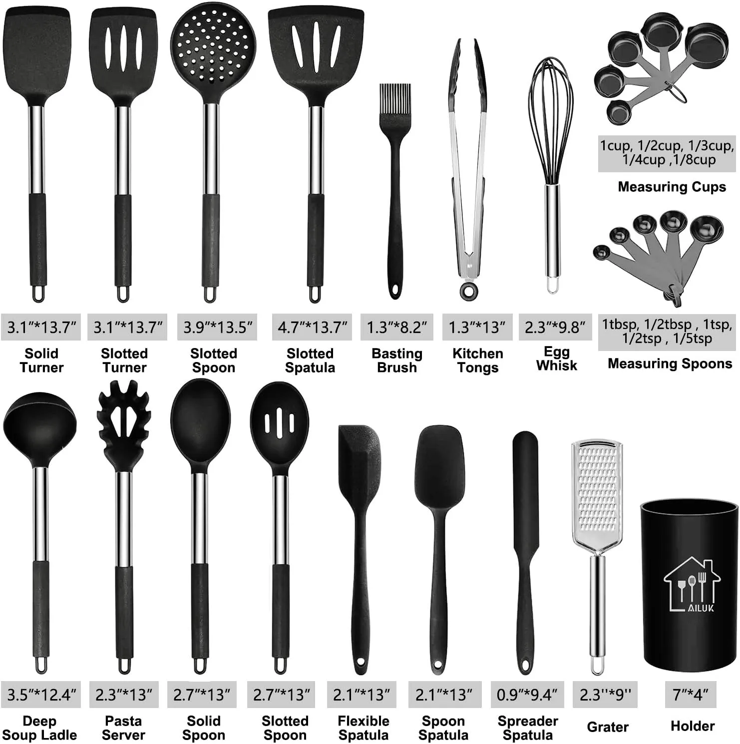 Silicone Cooking Utensil Set,Kitchen Utensils 26 Pcs Cooking Utensils Set,Non-stick Heat Resistant Silicone,Cookware with Stainless Steel Handle (Sable)