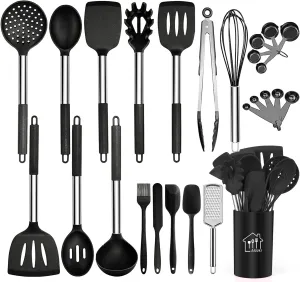 Silicone Cooking Utensil Set,Kitchen Utensils 26 Pcs Cooking Utensils Set,Non-stick Heat Resistant Silicone,Cookware with Stainless Steel Handle (Sable)