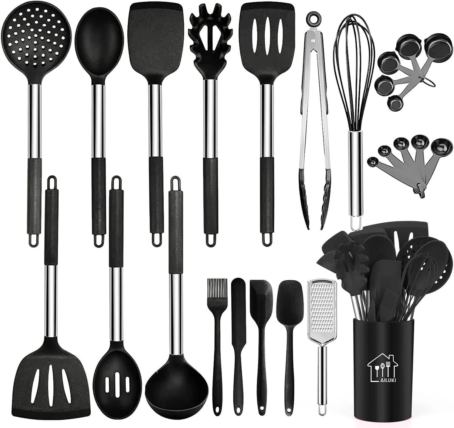 Silicone Cooking Utensil Set,Kitchen Utensils 26 Pcs Cooking Utensils Set,Non-stick Heat Resistant Silicone,Cookware with Stainless Steel Handle (Sable)