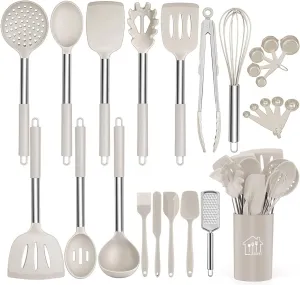 Silicone Cooking Utensil Set,Kitchen Utensils 26 Pcs Cooking Utensils Set,Non-stick Heat Resistant Silicone,Cookware with Stainless Steel Handle
