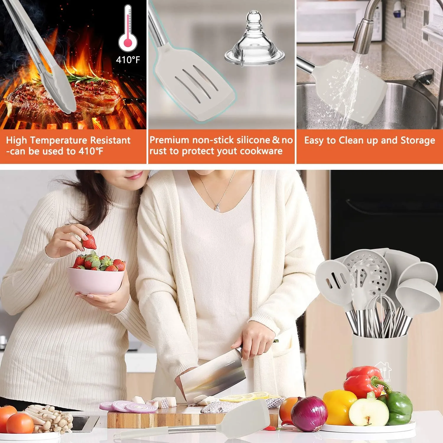 Silicone Cooking Utensil Set,Kitchen Utensils 26 Pcs Cooking Utensils Set,Non-stick Heat Resistant Silicone,Cookware with Stainless Steel Handle