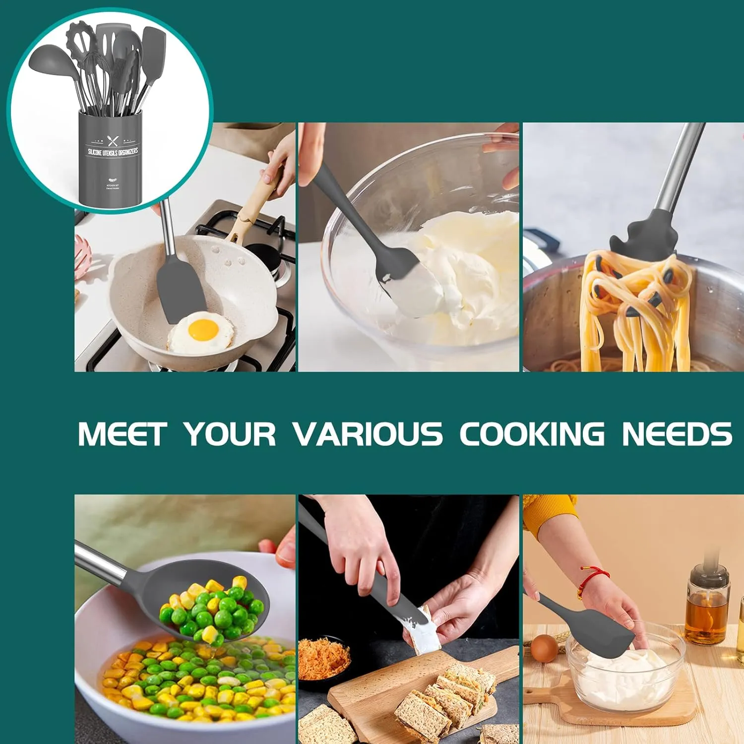 Silicone Cooking Utensil Set,Umite Chef Kitchen Utensils 15pcs Set Non-stick Heat Resistan BPA-Free Stainless Steel Handle Tools Whisk - Grey