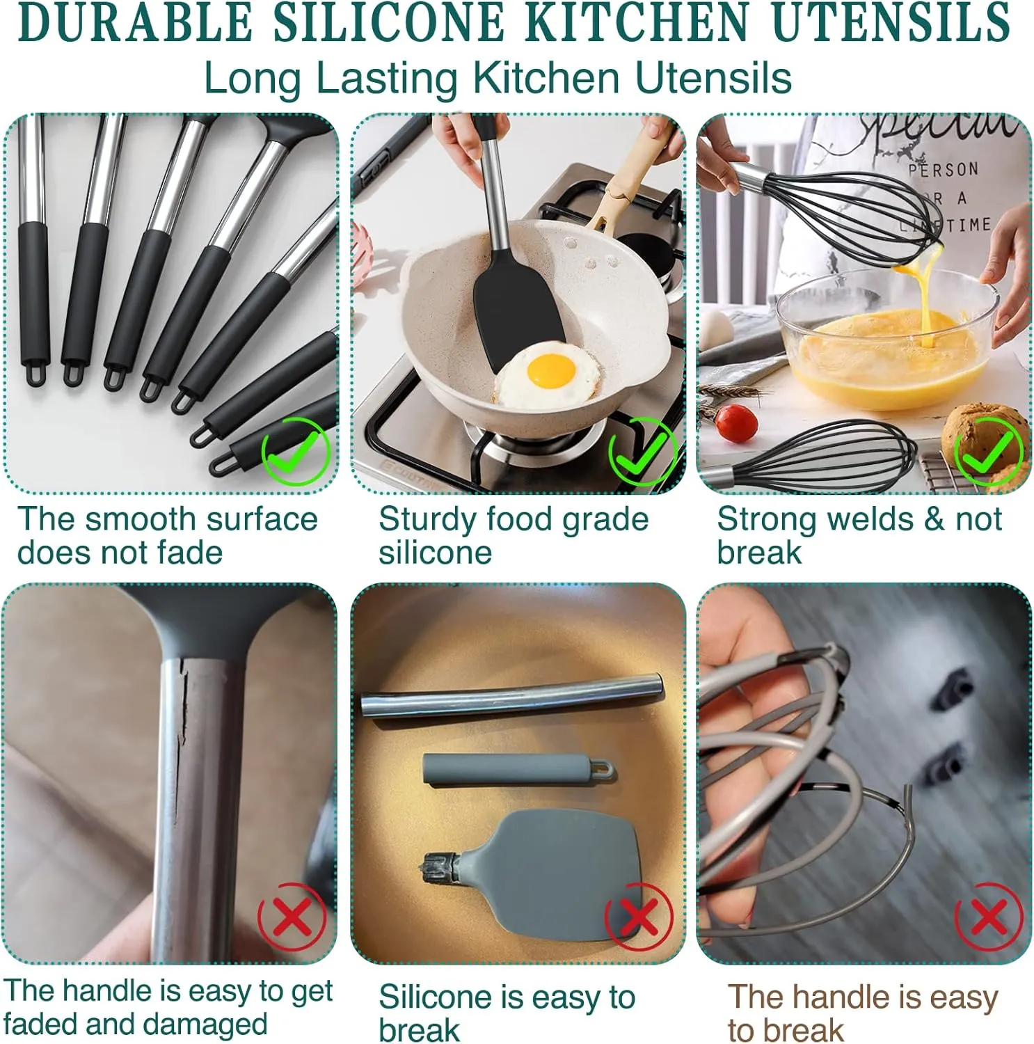 Silicone Cooking Utensil Set,Umite Chef Kitchen Utensils 15pcs Set Non-stick Heat Resistan BPA-Free Stainless Steel Handle Tools Whisk - Grey
