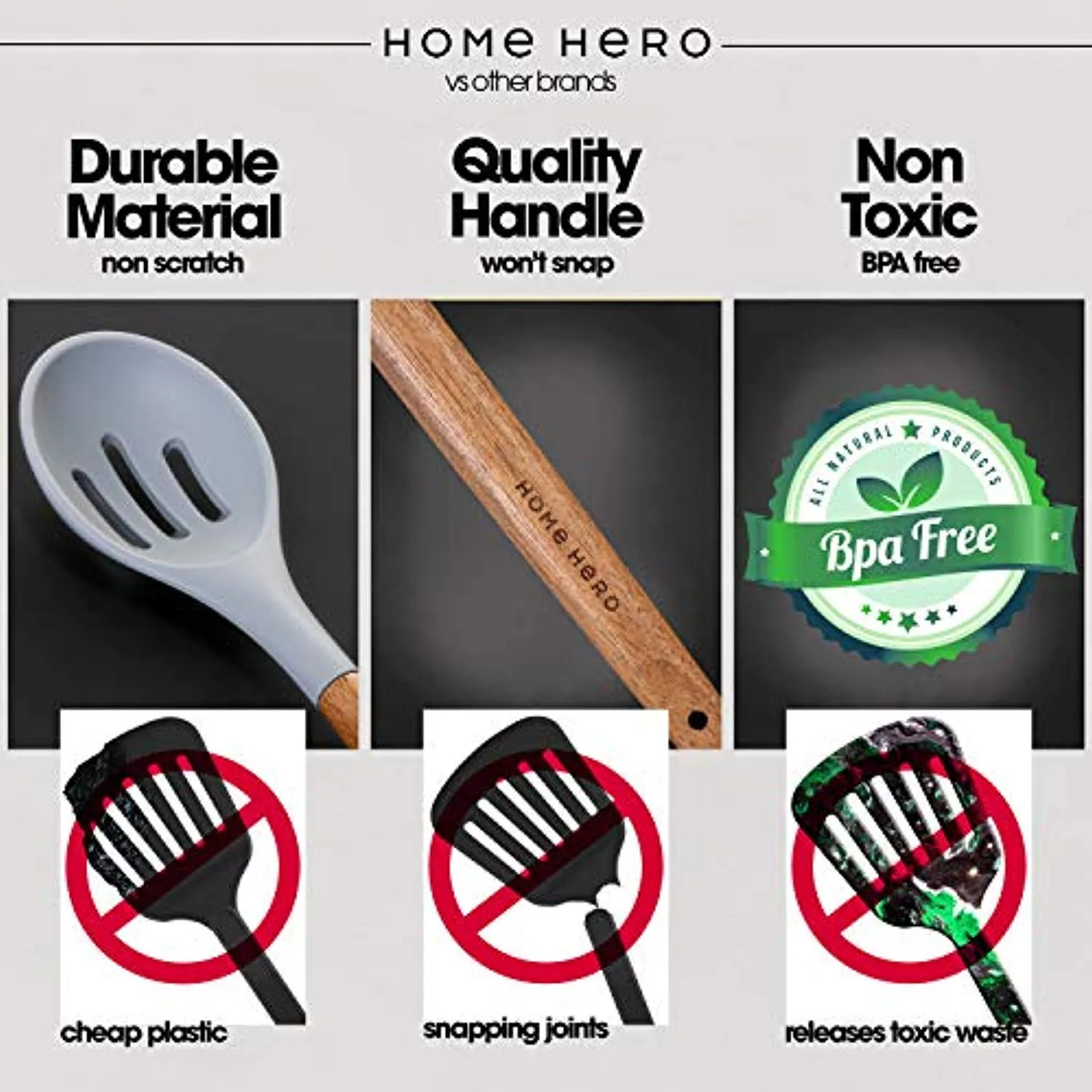 Silicone Cooking Utensils Kitchen Utensil Set - 8 Natural Acacia