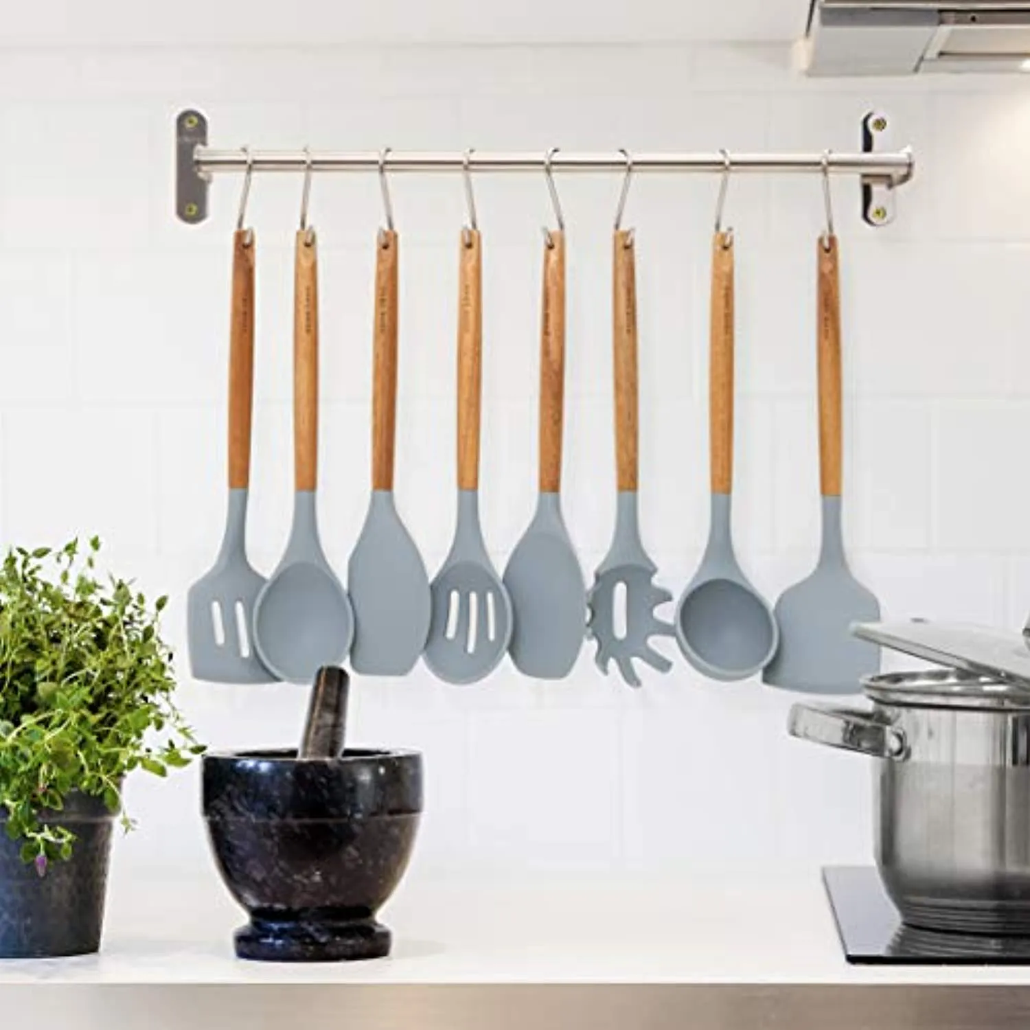 Silicone Cooking Utensils Kitchen Utensil Set - 8 Natural Acacia