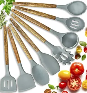 Silicone Cooking Utensils Kitchen Utensil Set - 8 Natural Acacia