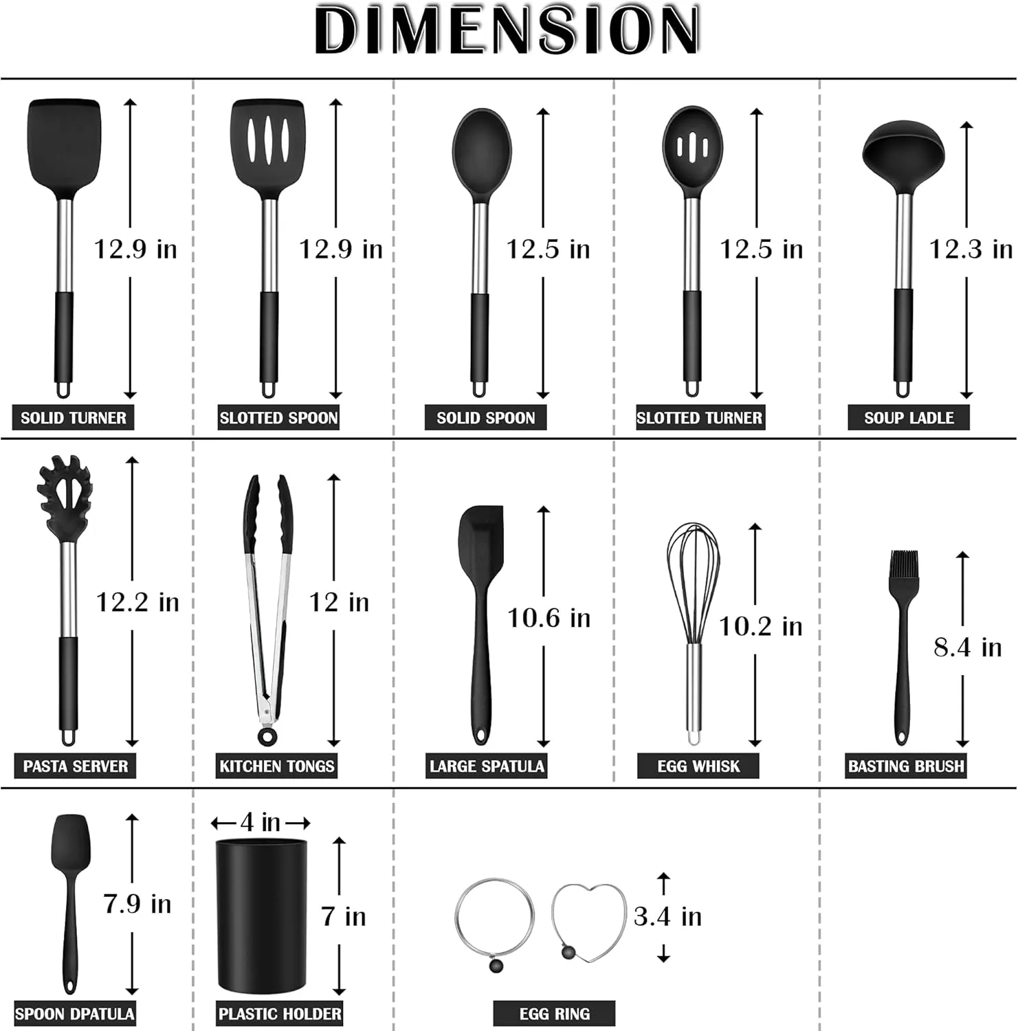Silicone Cooking Utensils Set, E-far 14-Piece Black Kitchen Utensils Set with Holder, Kitchen Tools Spatulas with Stainless Steel Handle for Non-stick Cookware, Heat Resistant & Dishwasher safe