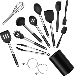 Silicone Cooking Utensils Set, E-far 14-Piece Black Kitchen Utensils Set with Holder, Kitchen Tools Spatulas with Stainless Steel Handle for Non-stick Cookware, Heat Resistant & Dishwasher safe