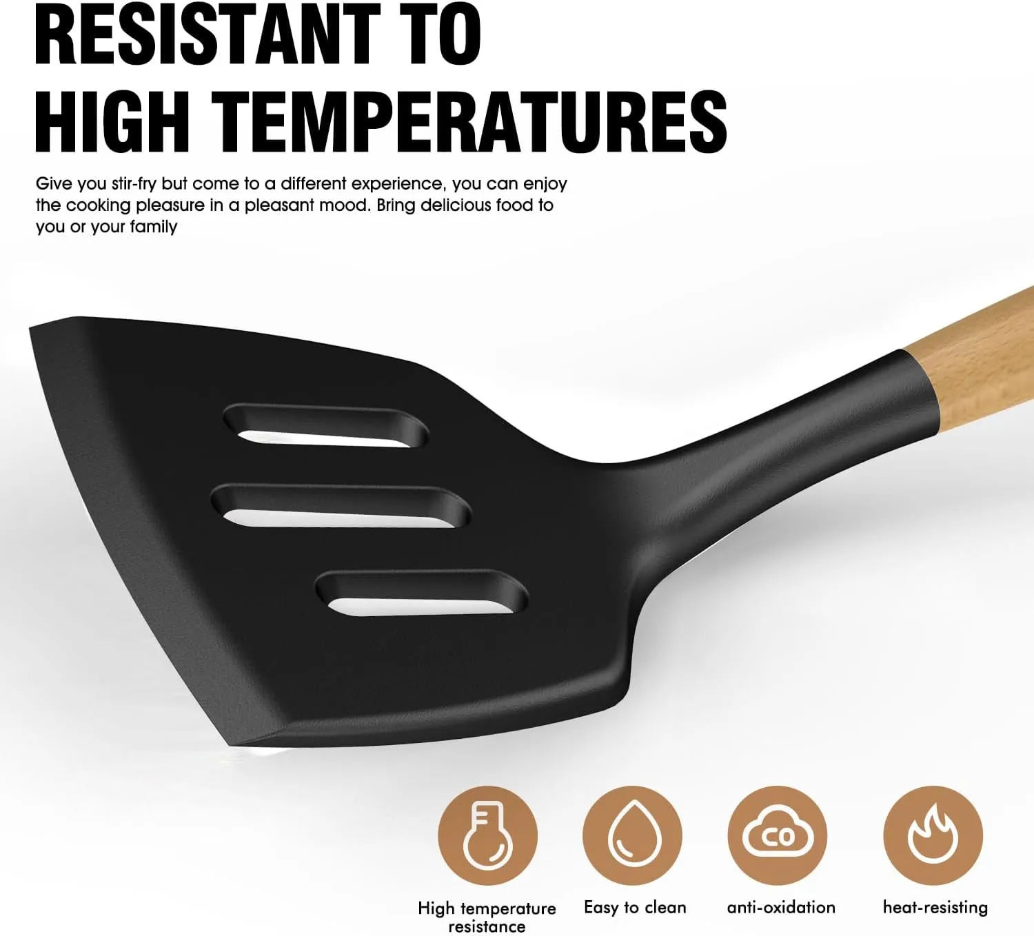 Silicone Cooking Utensils Set Utensil Sets - 446°F Heat Resistant Silicone Kitchen Utensils Set Wooden Handles, Silicone Utensils for Cooking w Holder for Non-Stick Cookware BPA FREE (Black)