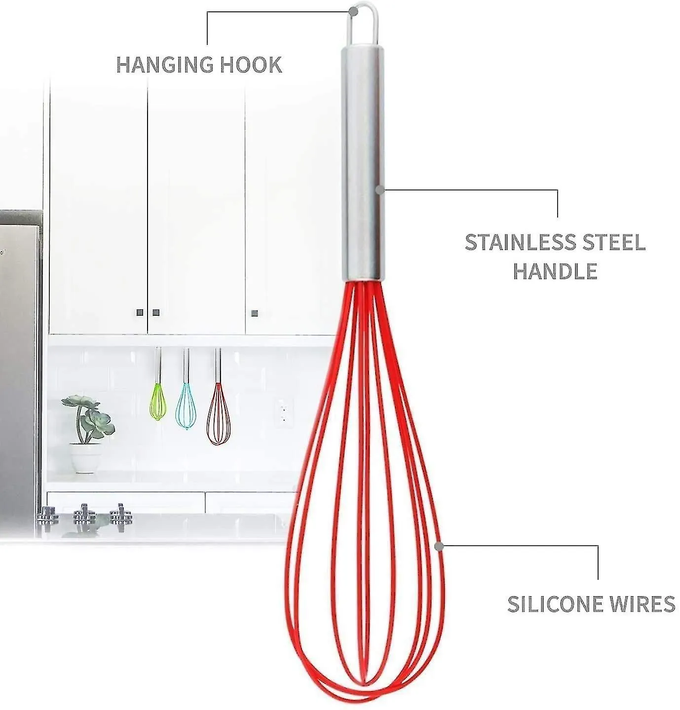 Silicone Whisk Set Of 3 - Non-stick Stainless Steel And Silicone - Colored