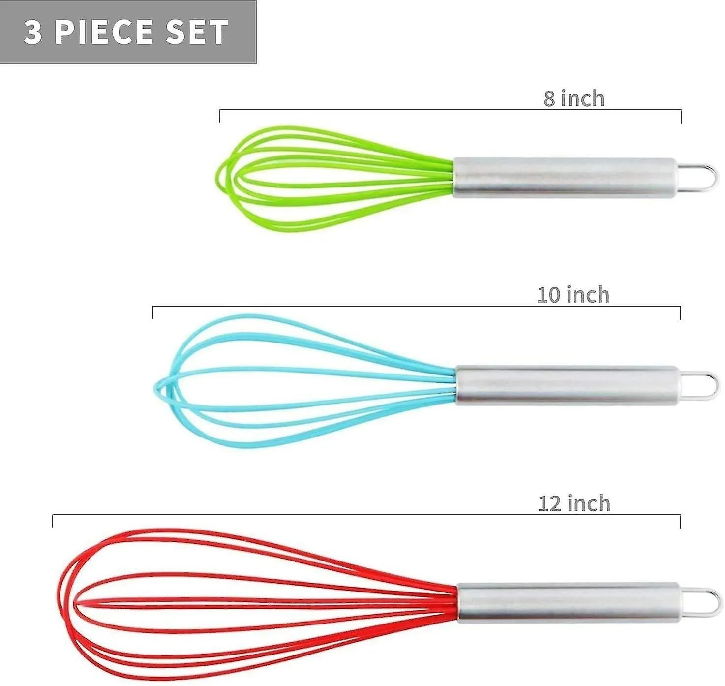 Silicone Whisk Set Of 3 - Non-stick Stainless Steel And Silicone - Colored
