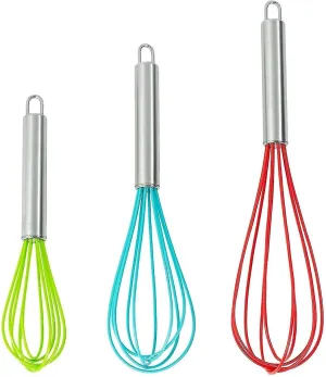 Silicone Whisk Set Of 3 - Non-stick Stainless Steel And Silicone - Colored
