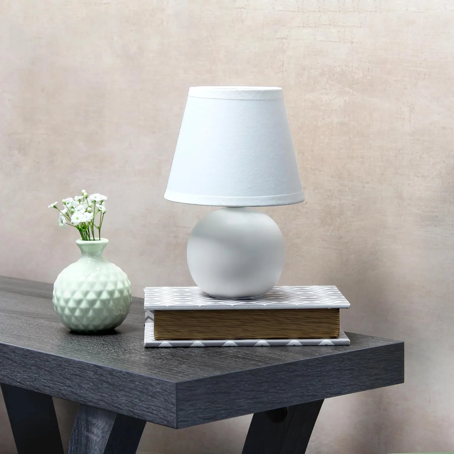 Simple Designs LT1196-OFF-2PK 8.66" 2-Pack Chic Little Globe Ceramic Table Lamp Set with Matching Tapered Shade, for Living Room, Bedroom, Office, Off White