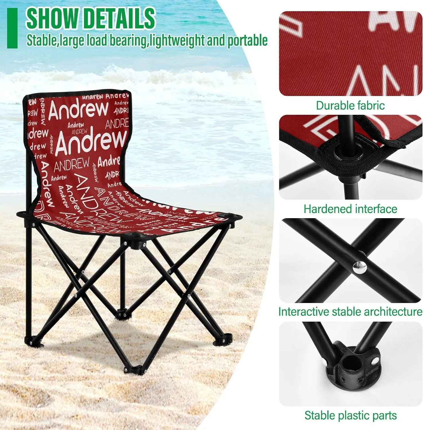 Sinestour Dark Red Custom Folding Camping Chair for Teen Child Personalized Name 14.6×14.6in Portable Outdoor Chair with Carry Bag for Barbeques Travel Lawn