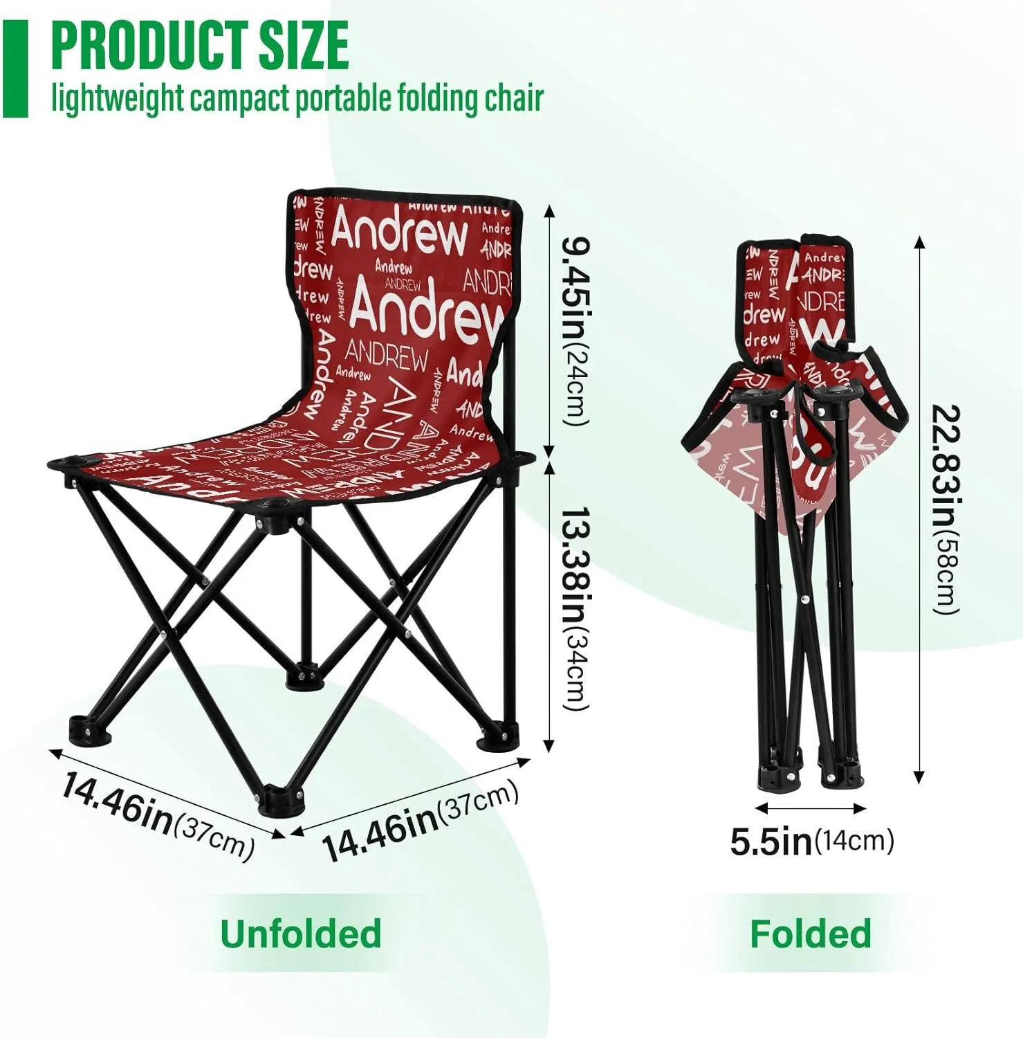 Sinestour Dark Red Custom Folding Camping Chair for Teen Child Personalized Name 14.6×14.6in Portable Outdoor Chair with Carry Bag for Barbeques Travel Lawn