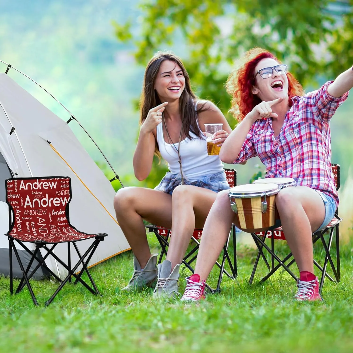 Sinestour Dark Red Custom Folding Camping Chair for Teen Child Personalized Name 14.6×14.6in Portable Outdoor Chair with Carry Bag for Barbeques Travel Lawn