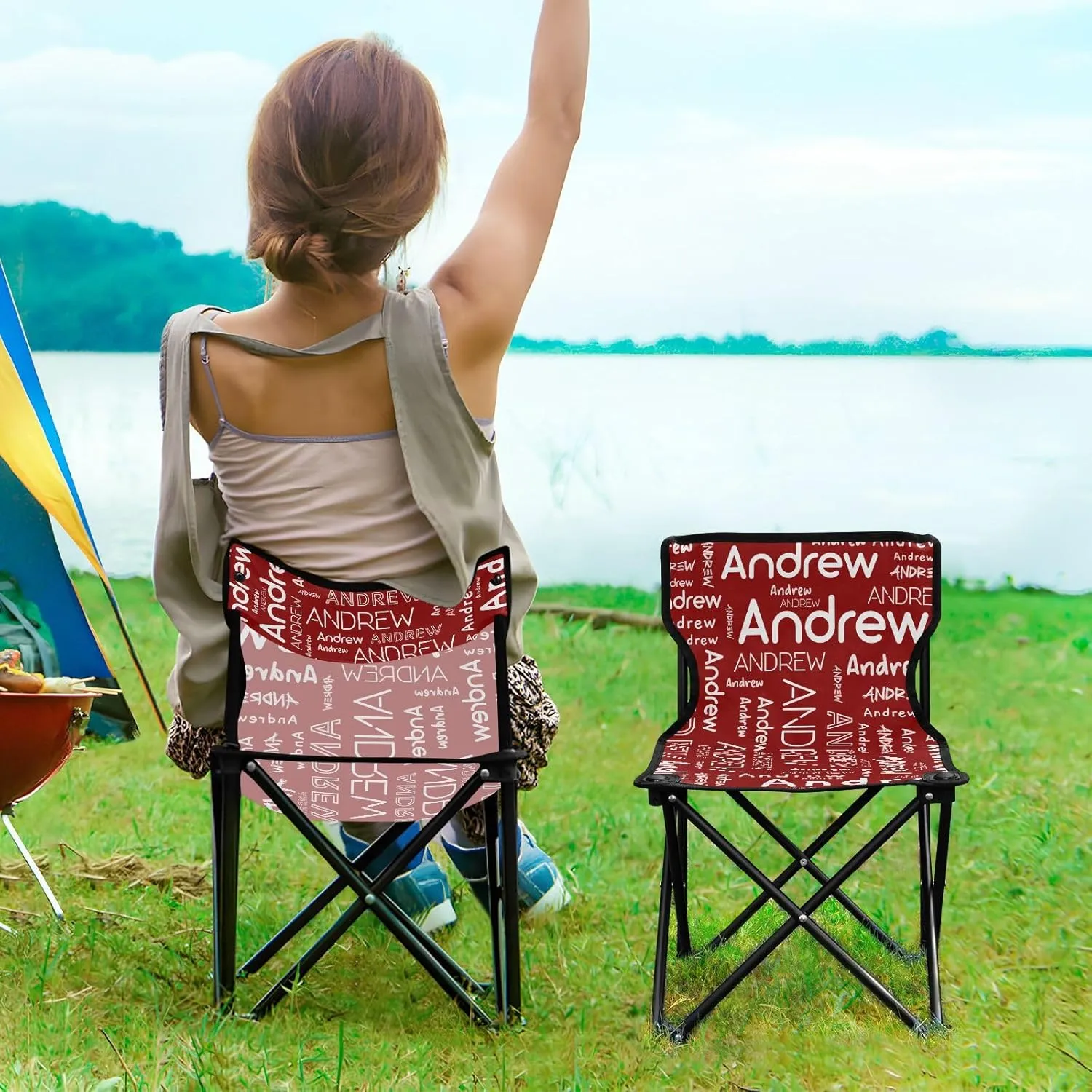 Sinestour Dark Red Custom Folding Camping Chair for Teen Child Personalized Name 14.6×14.6in Portable Outdoor Chair with Carry Bag for Barbeques Travel Lawn