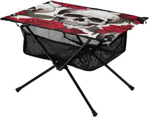 Skulls with Red Roses Portable Folding Camping Table, Compact Lightweight Beach Table with Carrying Bag for Outdoor Picnics, BBQs, Camp