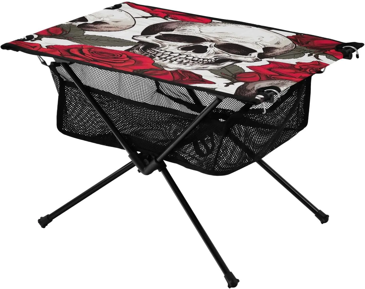 Skulls with Red Roses Portable Folding Camping Table, Compact Lightweight Beach Table with Carrying Bag for Outdoor Picnics, BBQs, Camp